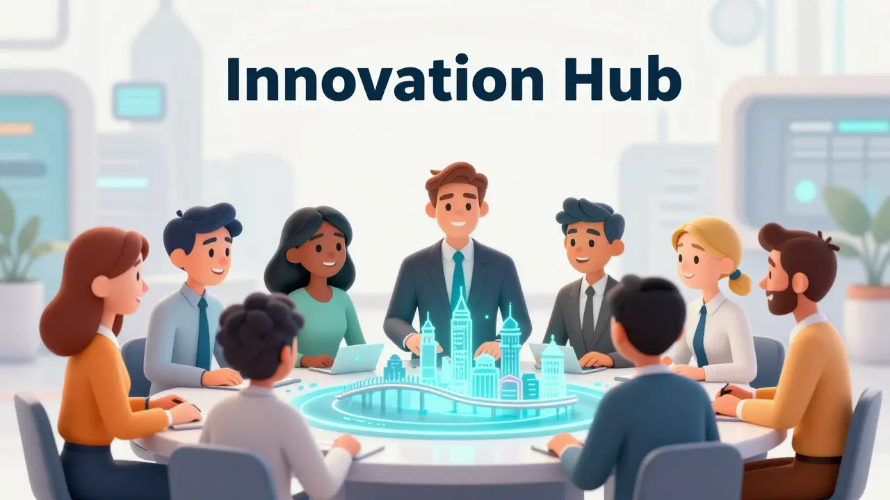 Entrepreneurs and regulators collaborating around a holographic bridge in a modern innovation hub.