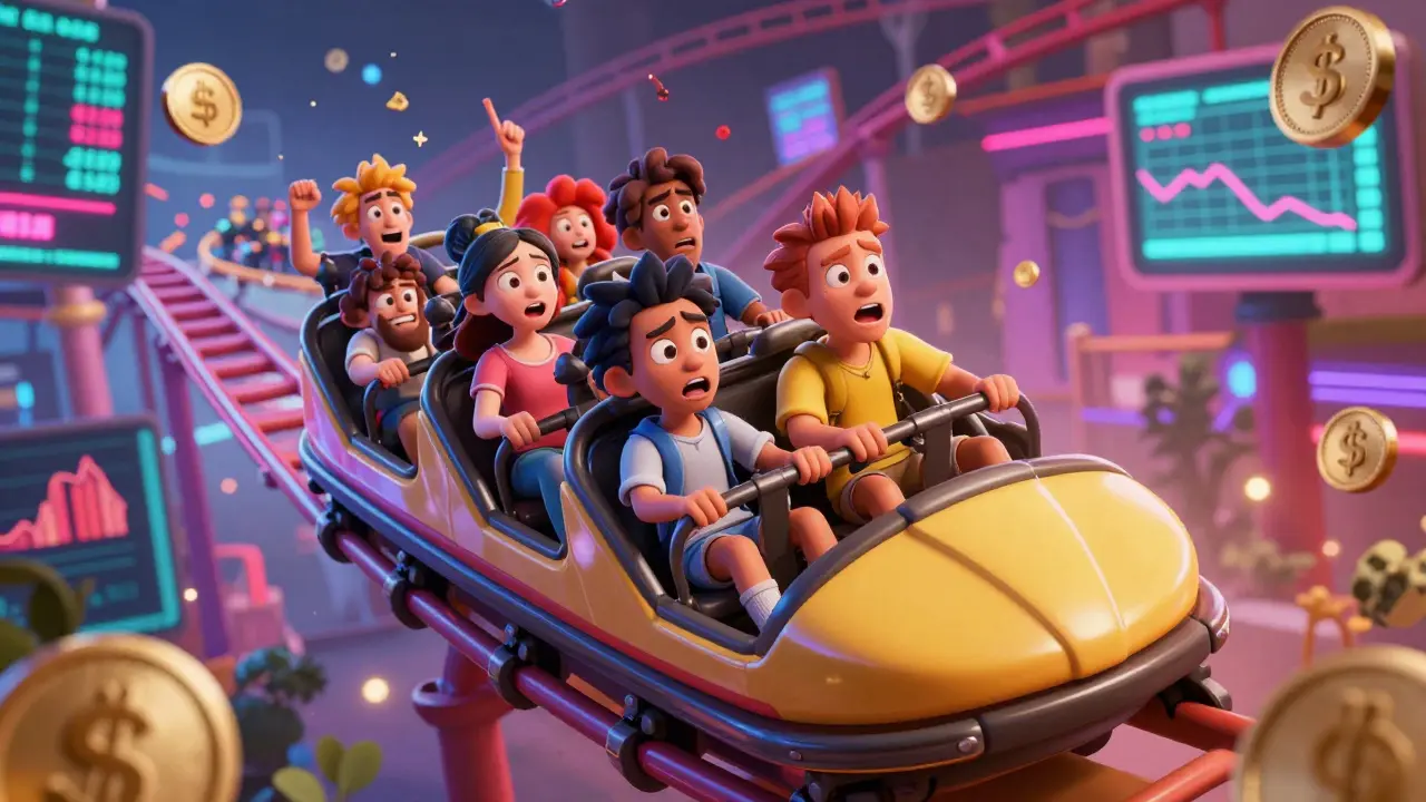 Expressive characters riding a chaotic digital rollercoaster of price charts.