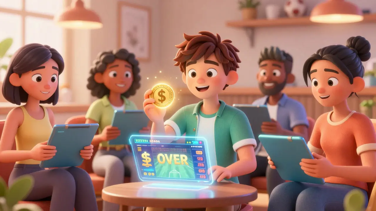 Fans using holographic tablets to place sports bets with glowing OVER tokens.