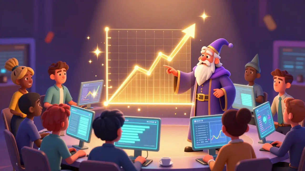 Group of traders following a master trader's successful strategy in a magical digital setting.