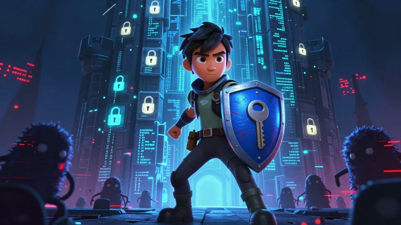 Guard protecting digital vault from shadowy glitch monsters representing security risks.