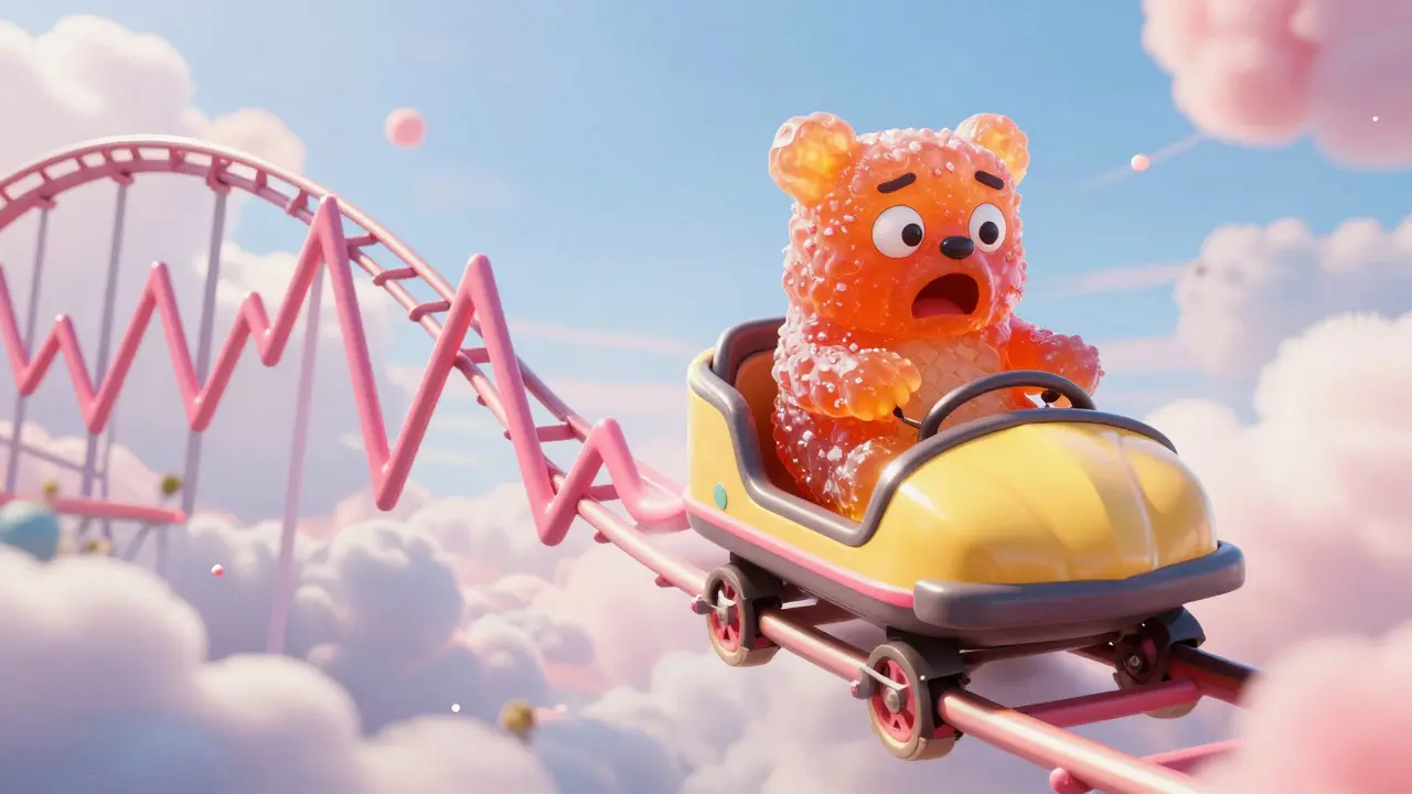 Gummy bear on a rollercoaster shaped like a volatile crypto price chart