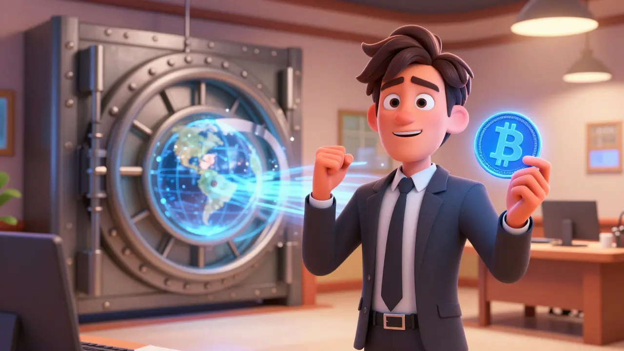 Happy business owner using a glowing stablecoin to send a fast digital payment.