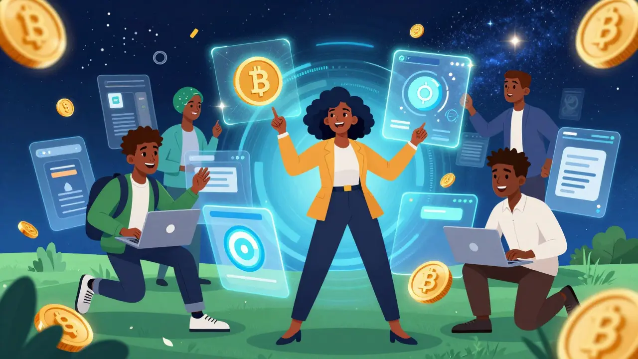 People interacting with colorful holographic crypto trading interfaces.