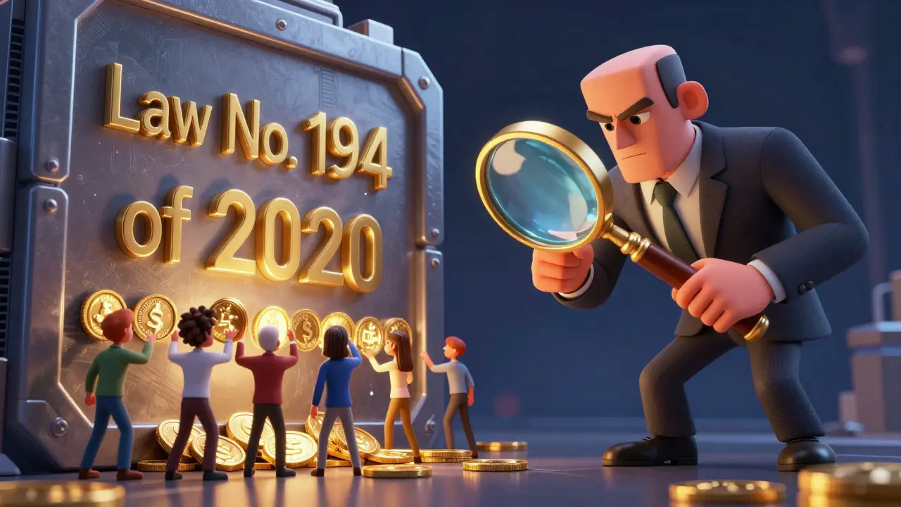 People trying to move digital coins over a legal wall while being watched by an official.