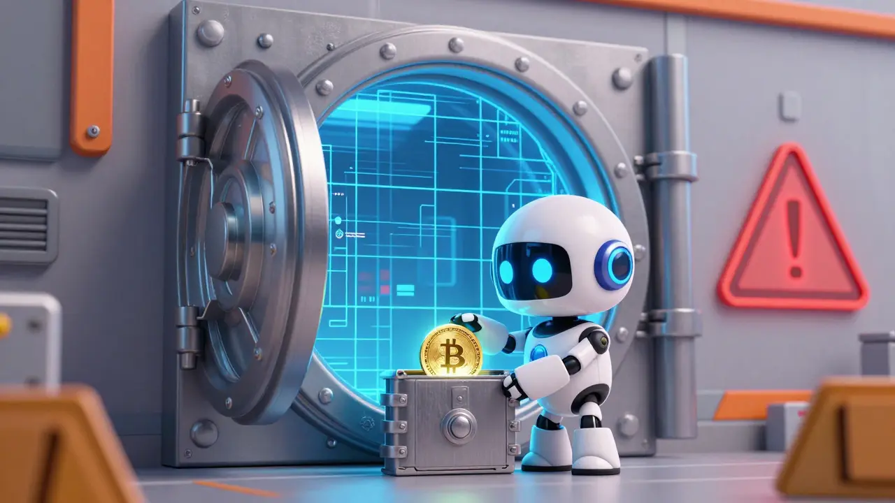 Robot securing a digital coin into a physical hardware wallet inside a high-tech vault.