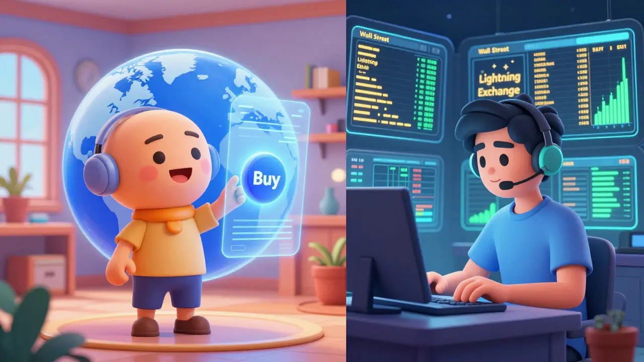 Split scene showing a simple crypto interface for beginners and a complex trading hub for pros.