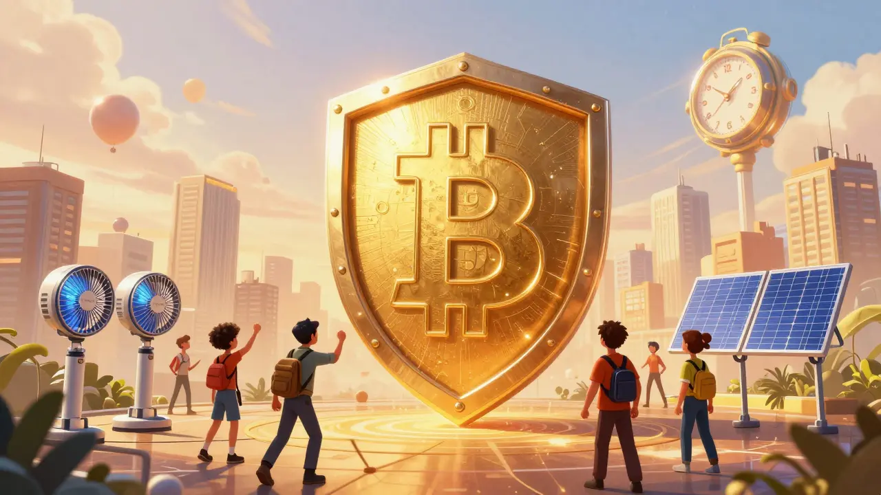 Stylized golden Bitcoin shield protecting a digital city with efficient miners