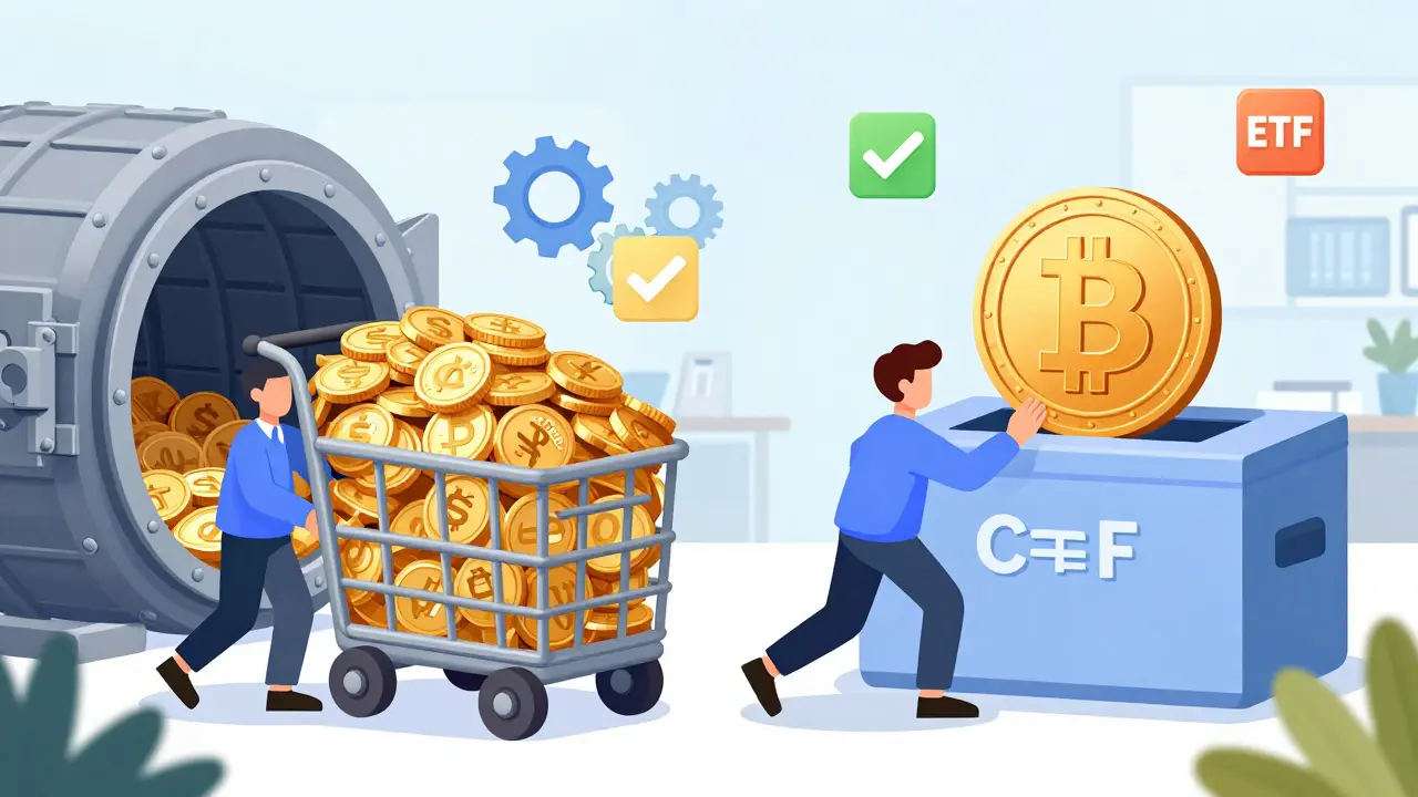 A cartoon comparison showing easy in-kind crypto transfer vs heavy cash transactions.