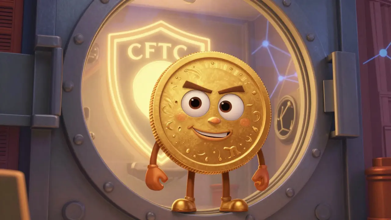 A friendly coin character stands by a secure vault under a protective shield