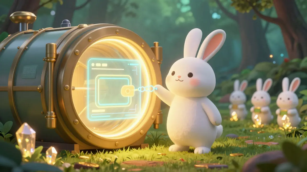 A guardian bunny protecting a glowing digital vault with staking crystals in a serene forest.