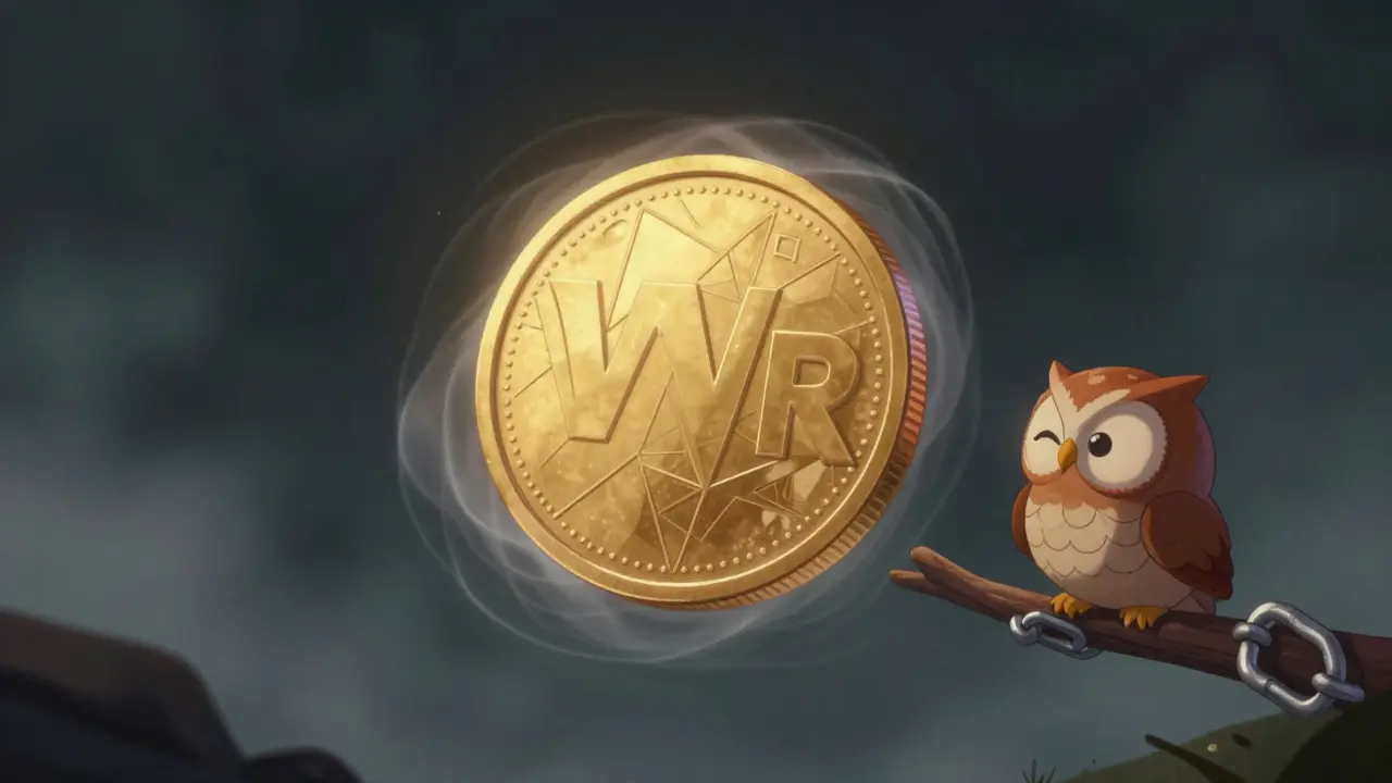 A mysterious floating coin observed by a skeptical owl in a misty void.