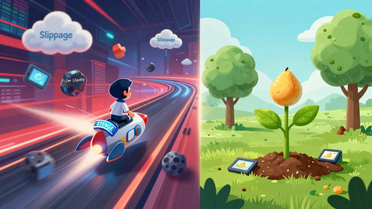 A split image showing a risky crypto race on one side and peaceful growth of educational aid on the other.