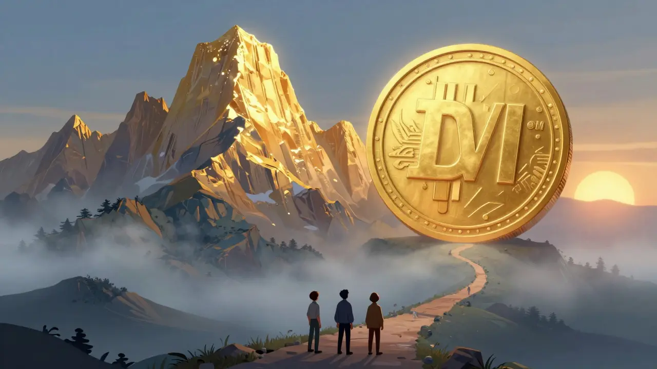 A symbolic landscape showing a golden peak and a misty path representing token value