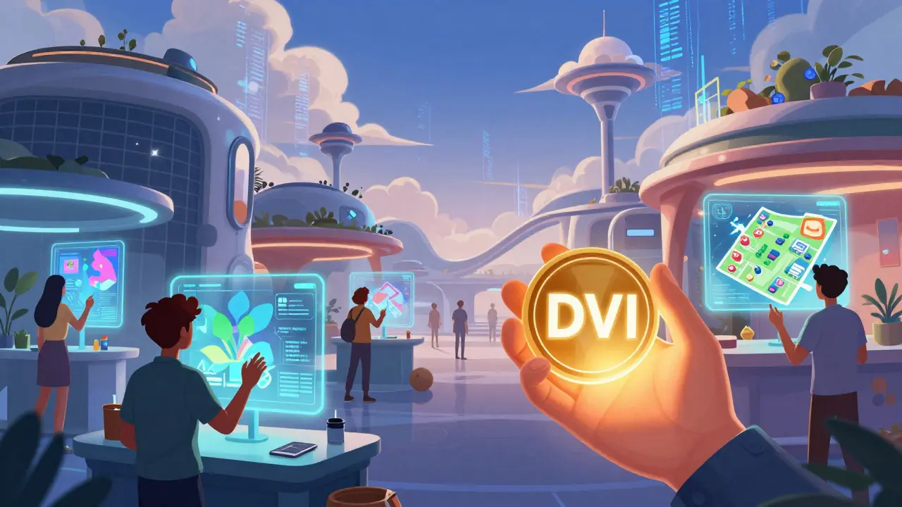 A vibrant virtual marketplace where characters trade NFTs and hold glowing tokens