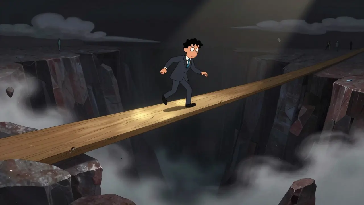 Animated character walking on a narrow, bending plank over a void, representing a thin order book.