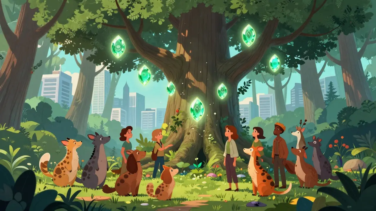 Animated characters collecting glowing green tokens from a tree in a forest.
