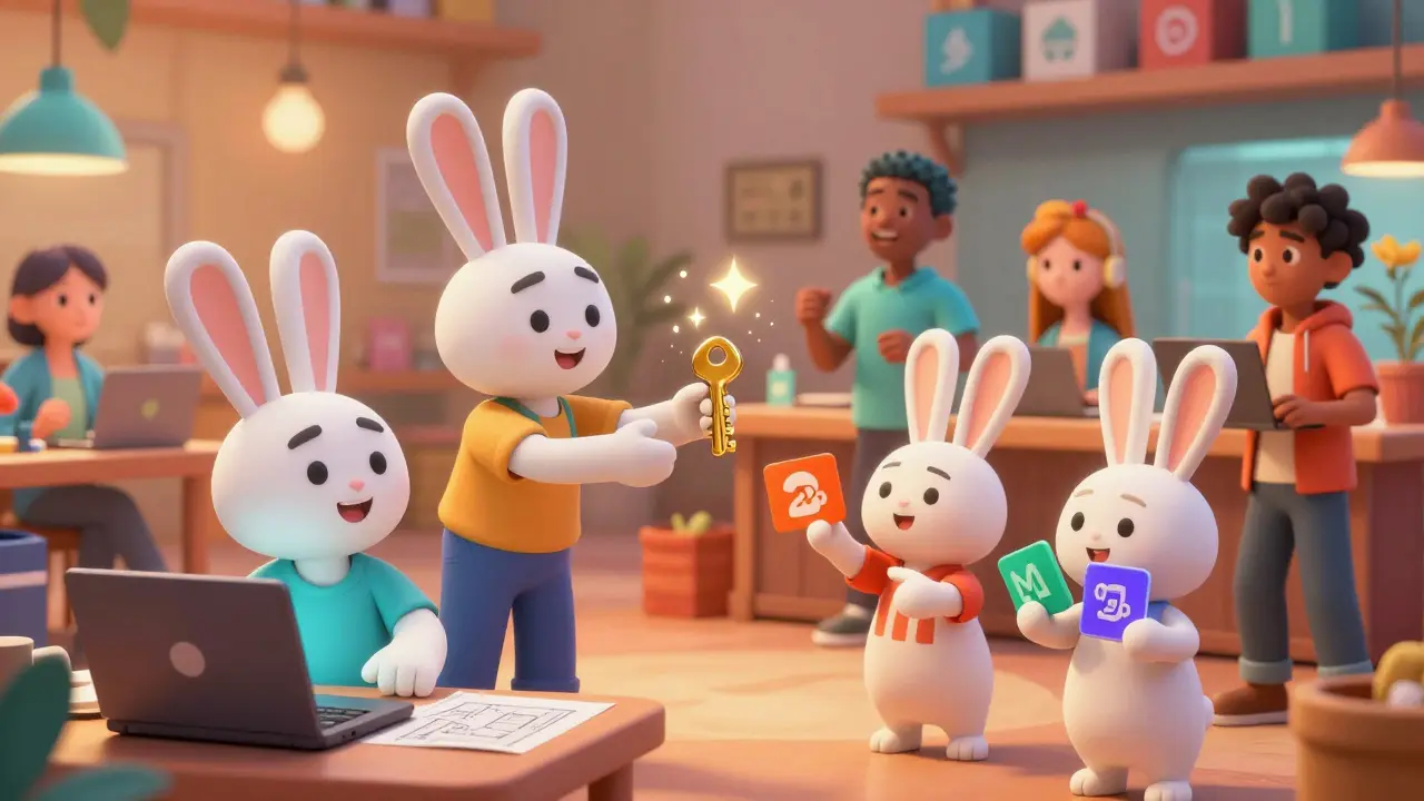 Animated developers and users exchanging keys and NFTs in a whimsical digital marketplace scene.