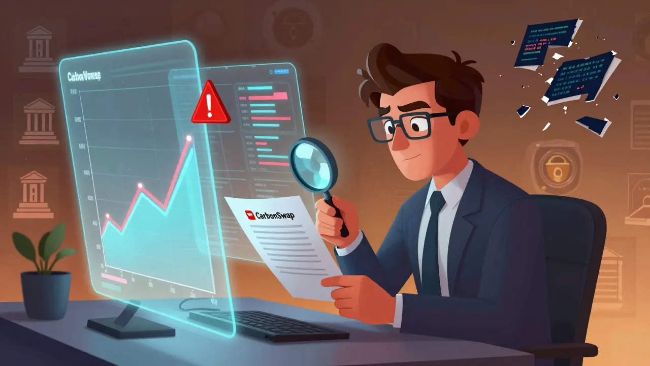 Animated investor checking red flags on a defunct crypto platform