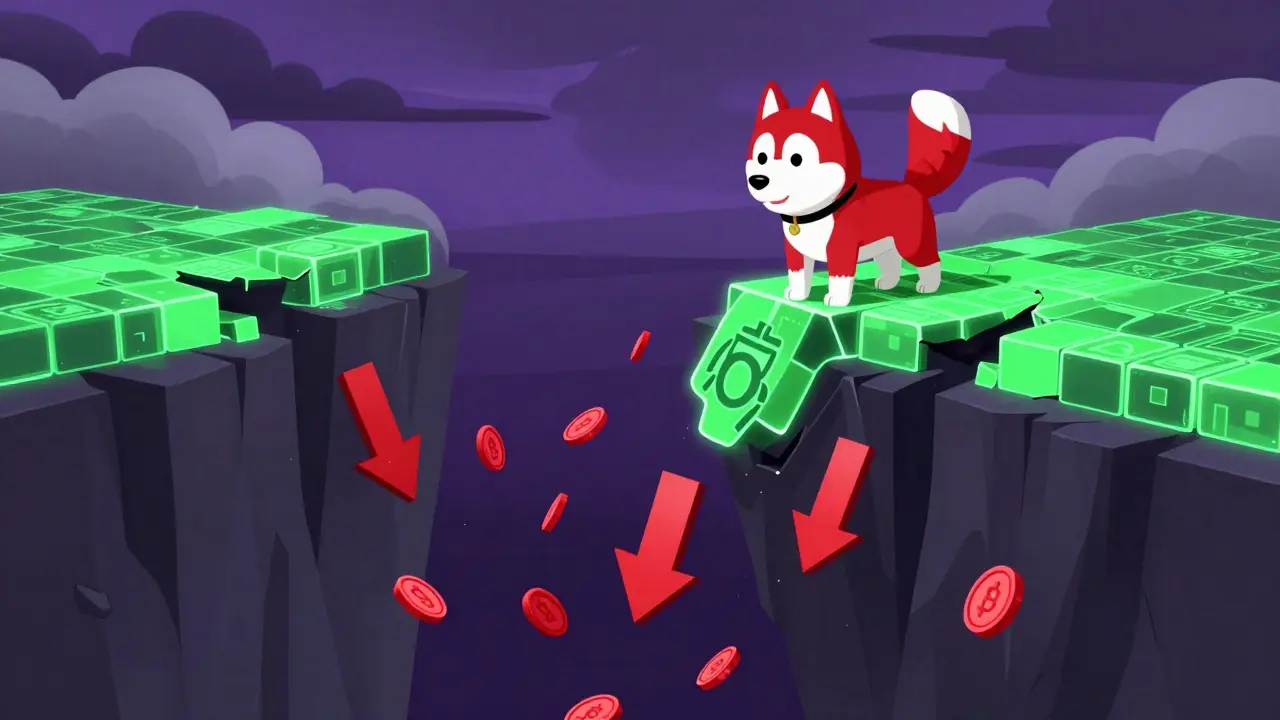 Animated red husky standing on crumbling crypto blocks above a dangerous drop