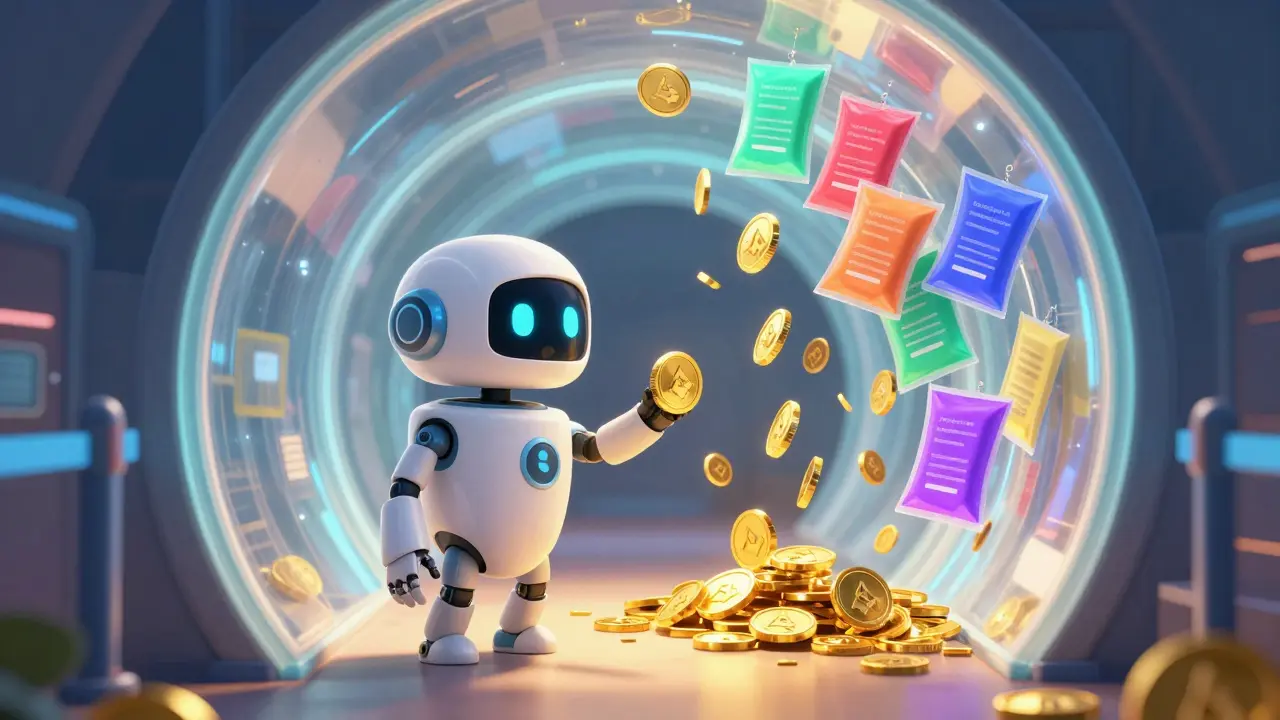Animated robot guiding user through privacy tunnel, earning golden MCASH tokens.