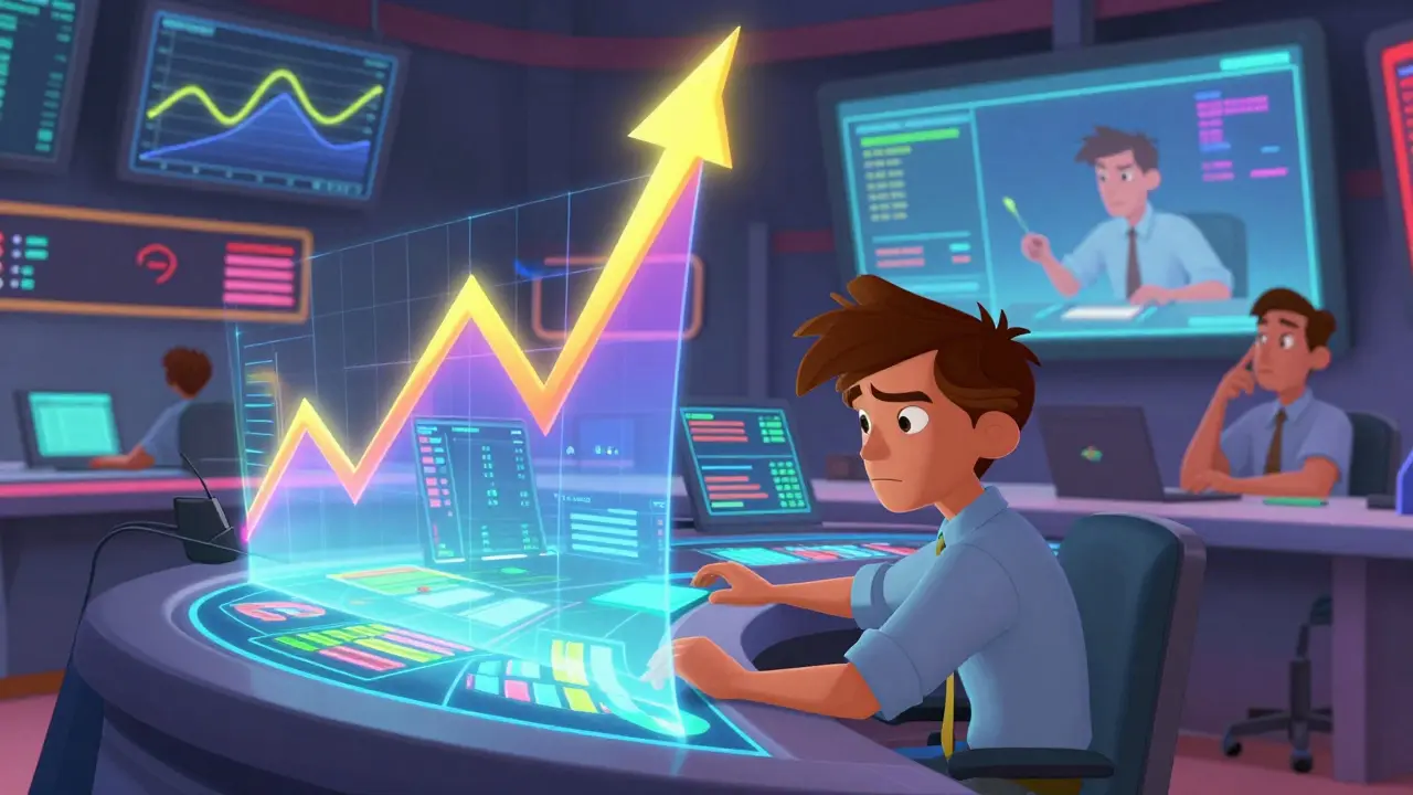 Animated traders using holographic charts for high-leverage and copy trading