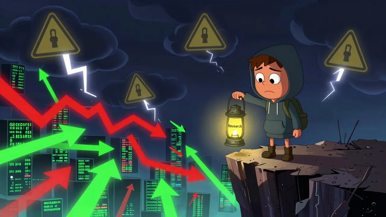 Anxious character on a cliff edge overlooking a storm of volatile market arrows.