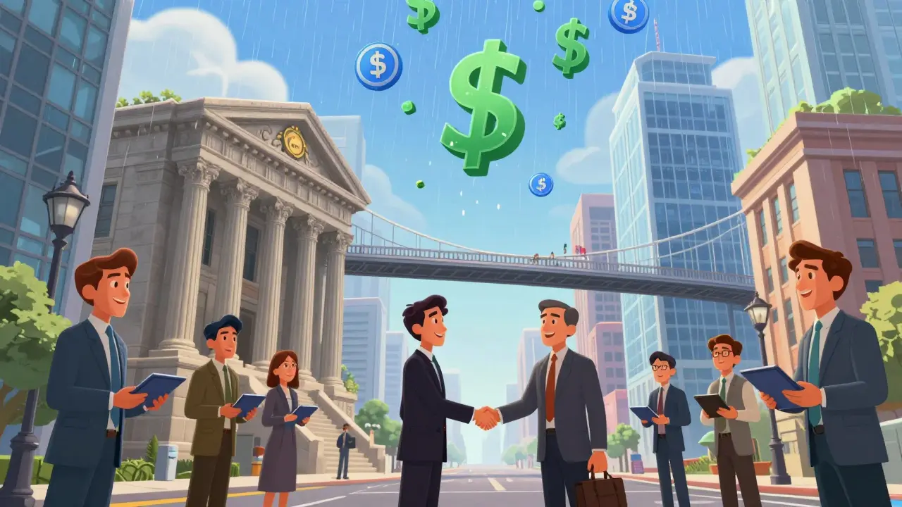 Bankers and crypto experts shake hands on a bridge between old and new finance
