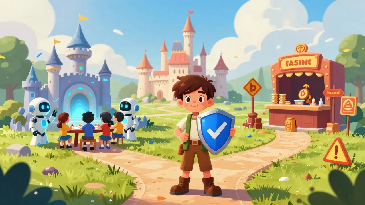 Cartoon adventurer choosing between safe education and risky speculation in a crypto landscape.