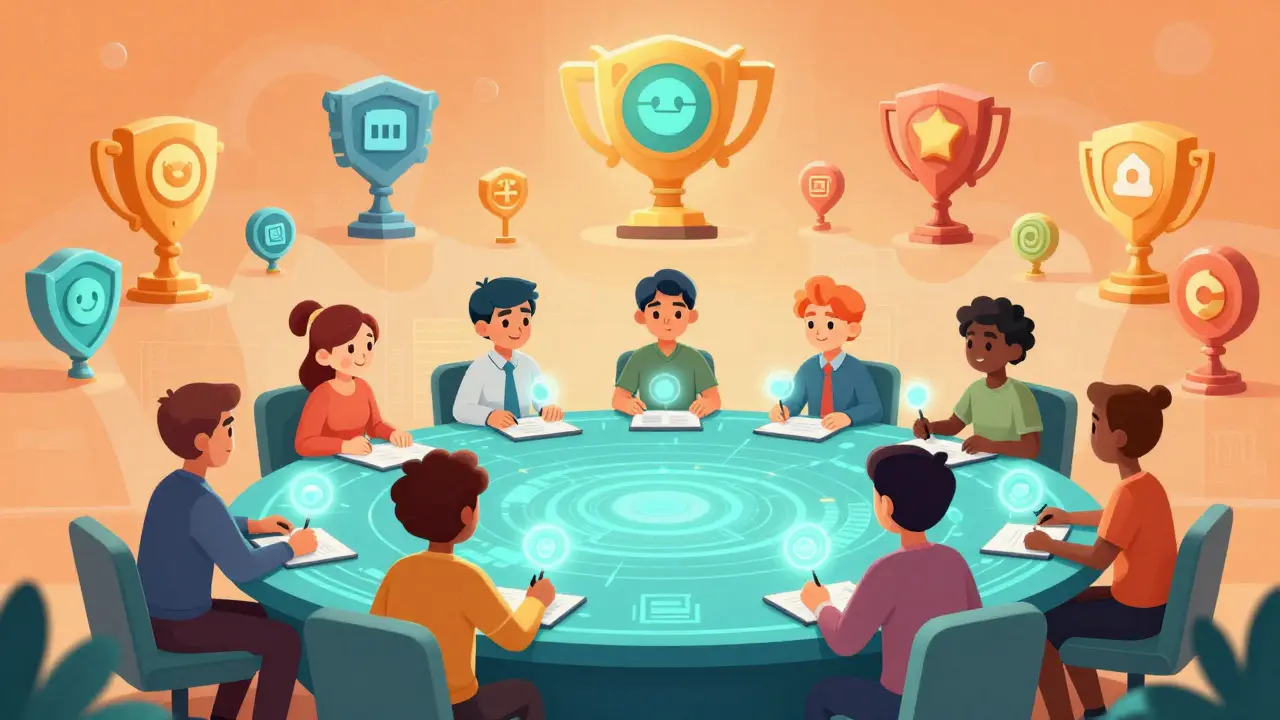 Cartoon avatars voting in a DAO meeting with floating NFTs in background.
