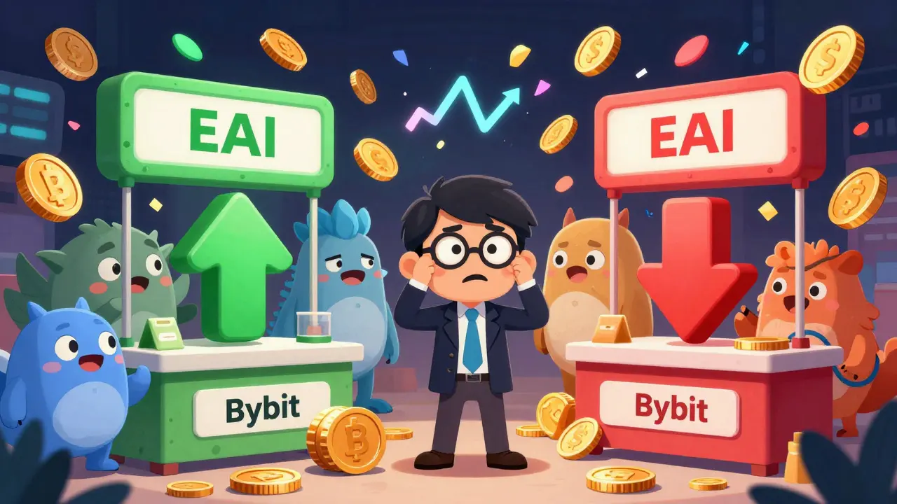 Cartoon investor confused by different token prices at two market stalls.