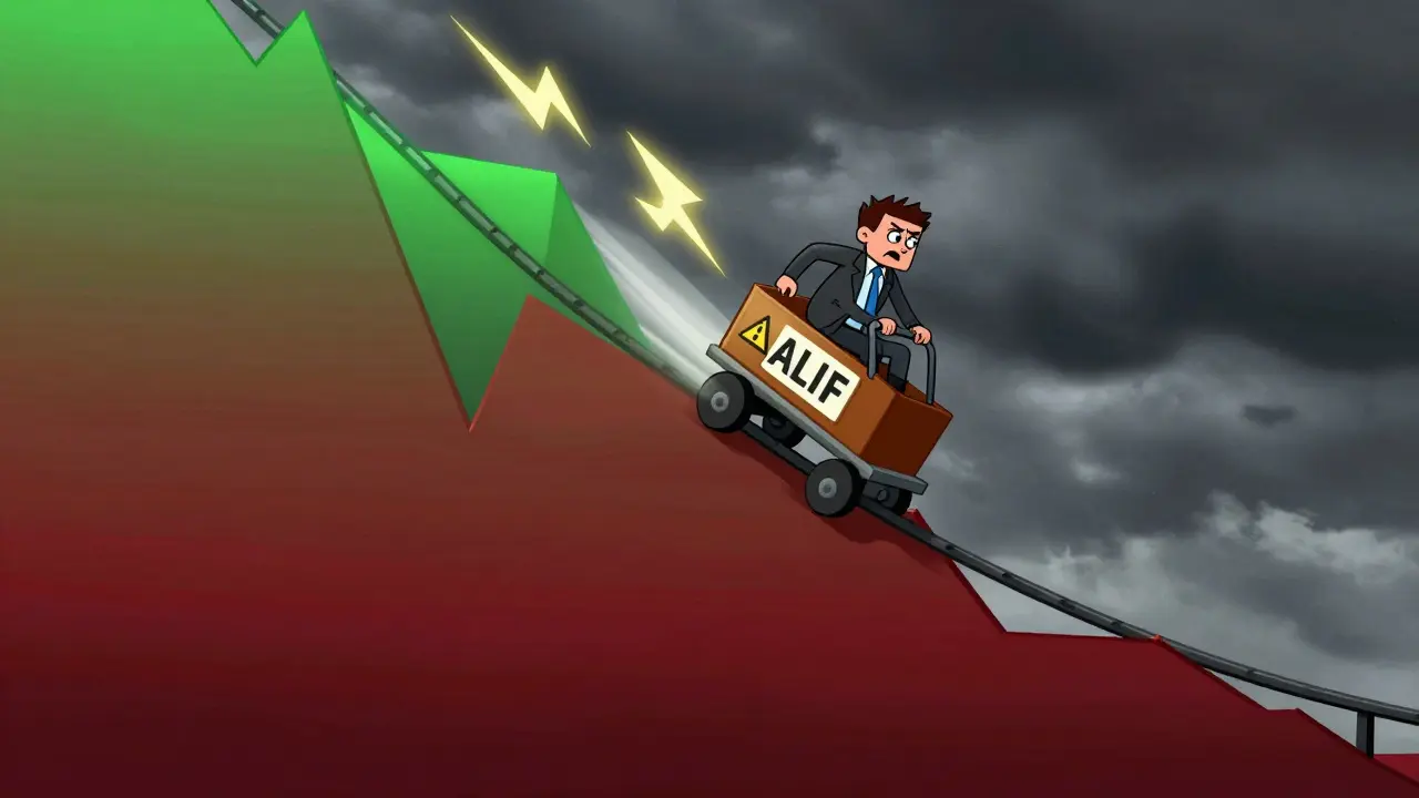 Cartoon investor on a steep rollercoaster representing volatile crypto price drops