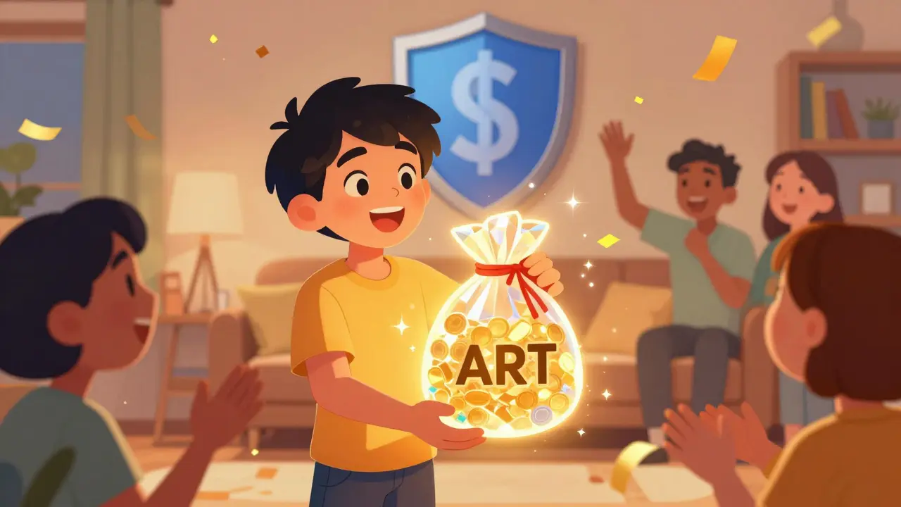 Celebratory cartoon scene with a character receiving glowing crypto tokens.