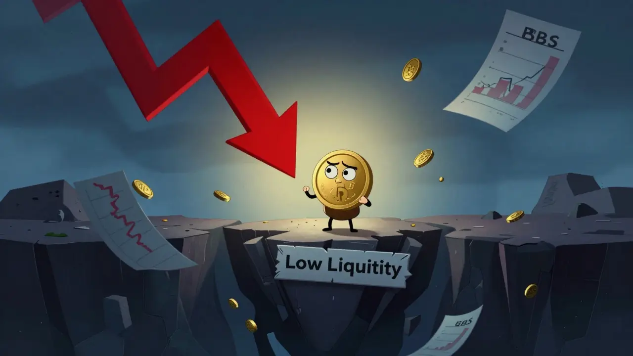 Character on a crumbling platform overlooking a steep drop, symbolizing market risk.
