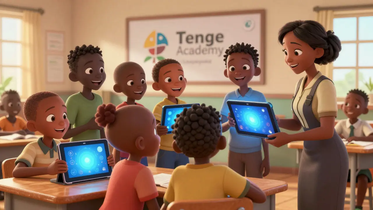 Children in a classroom receiving glowing educational tablets from a teacher, symbolizing the charity mission.
