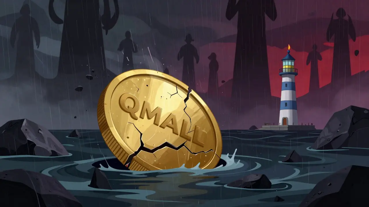 Cracked QMALL coin sinking in dark water under looming competitor shadows