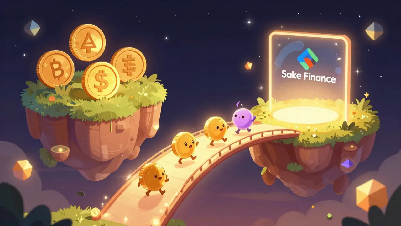 Cute coins crossing a magical light bridge between crypto networks