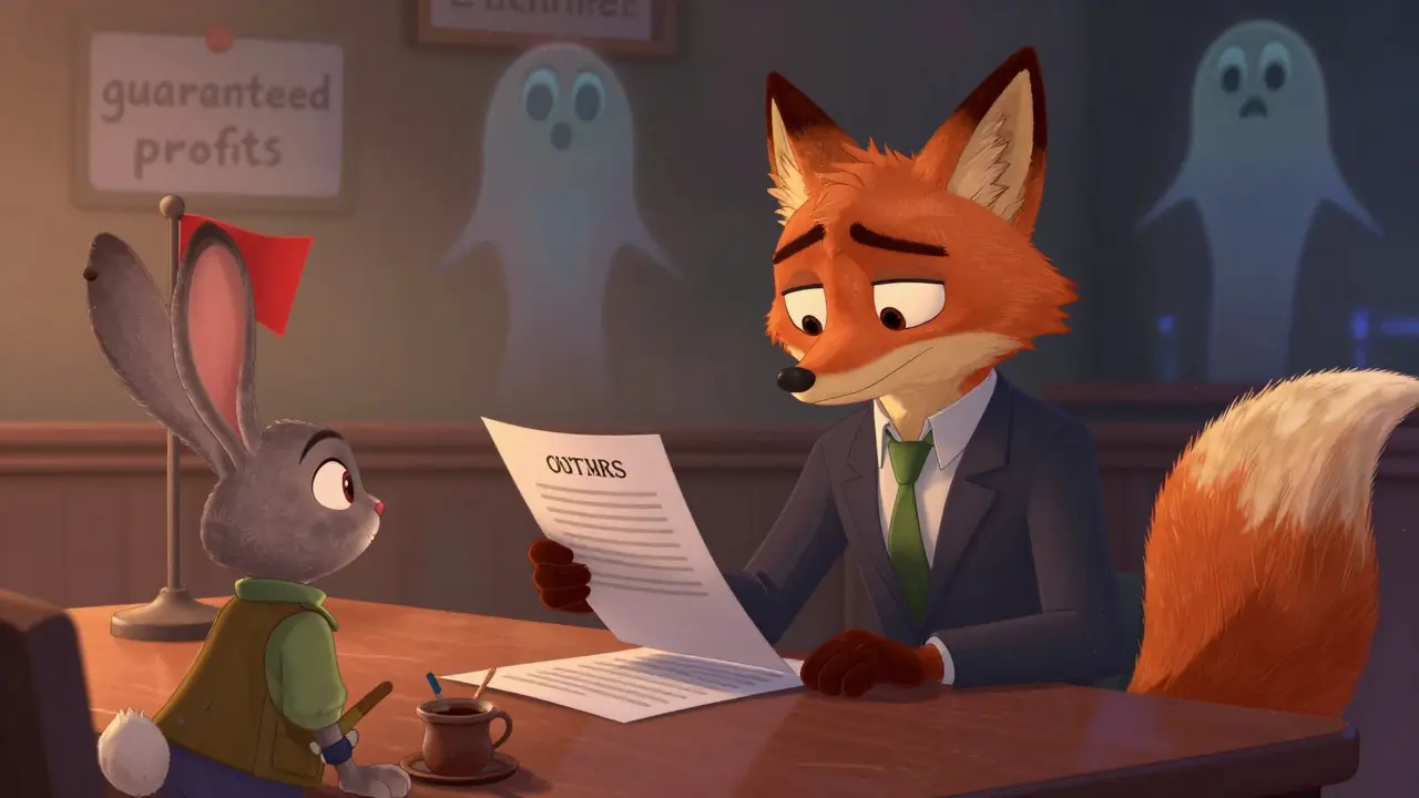 Deceptive fox scammer offering fake guaranteed profits to cautious trader