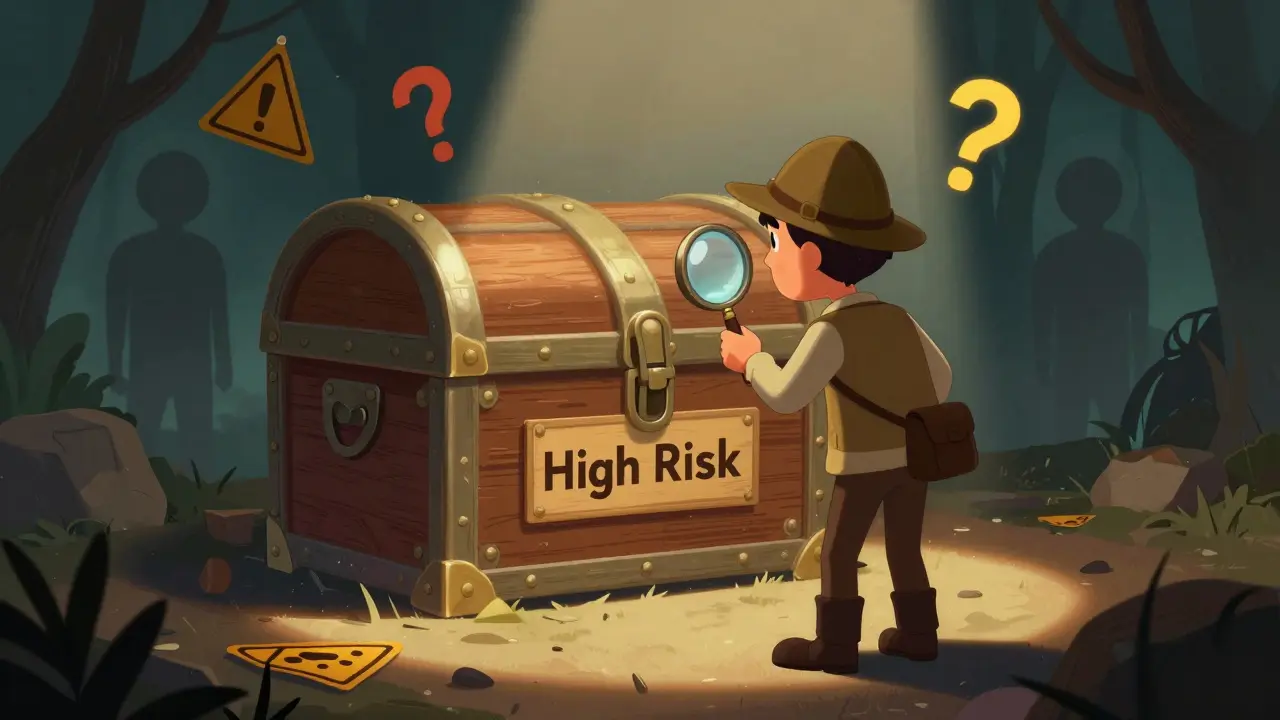 Detective character examining a risky investment chest with warning signs