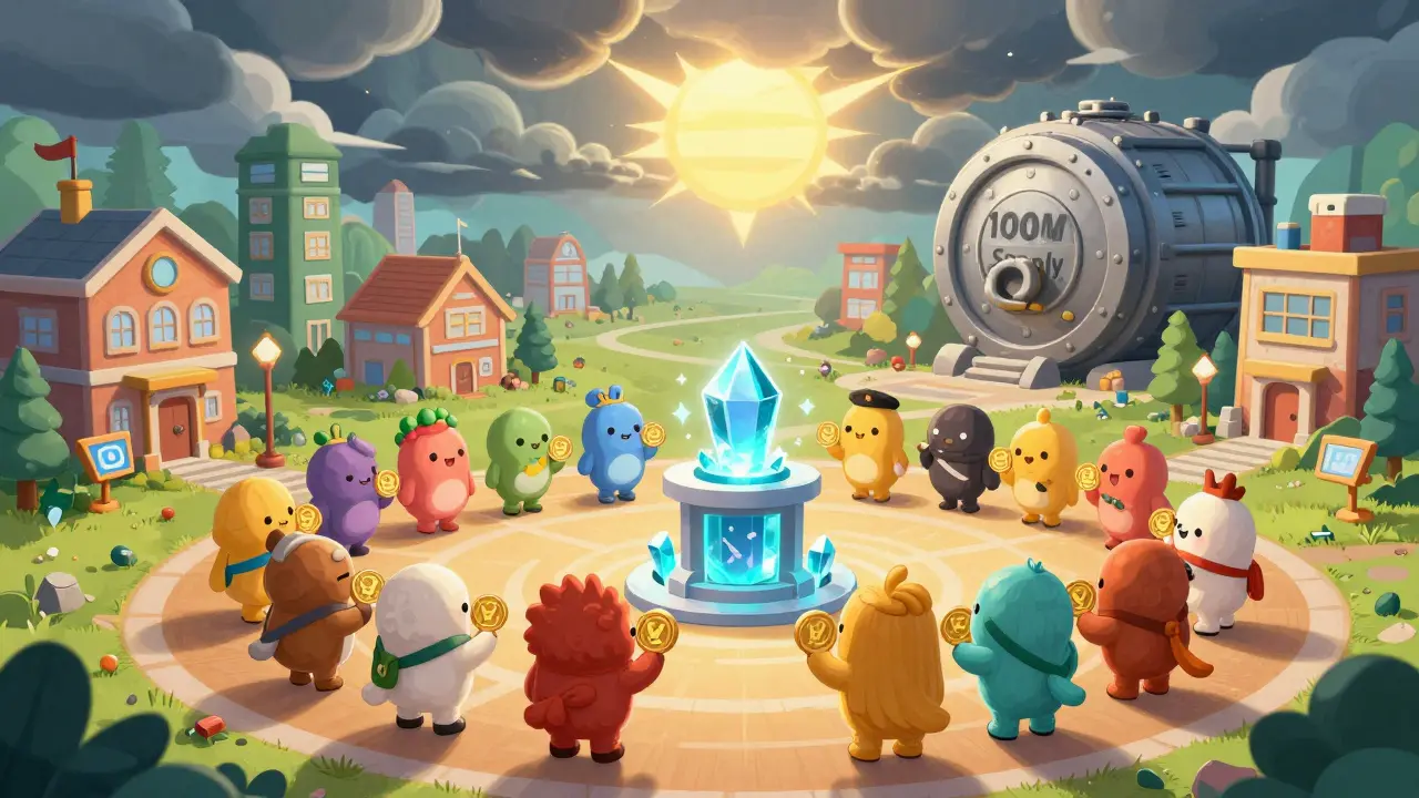 Diverse cartoon characters voting in a blockchain town square under stormy skies.