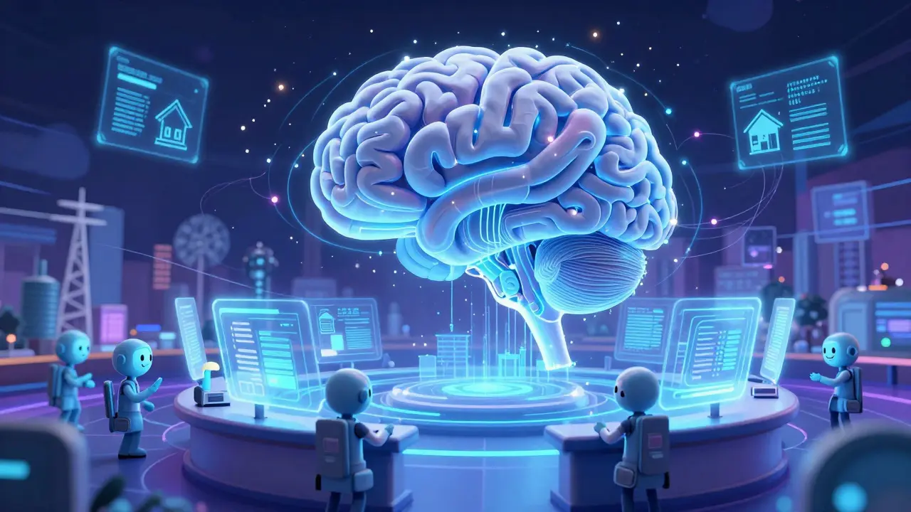 Friendly AI agents managing a network of light nodes in a blue-hued room.