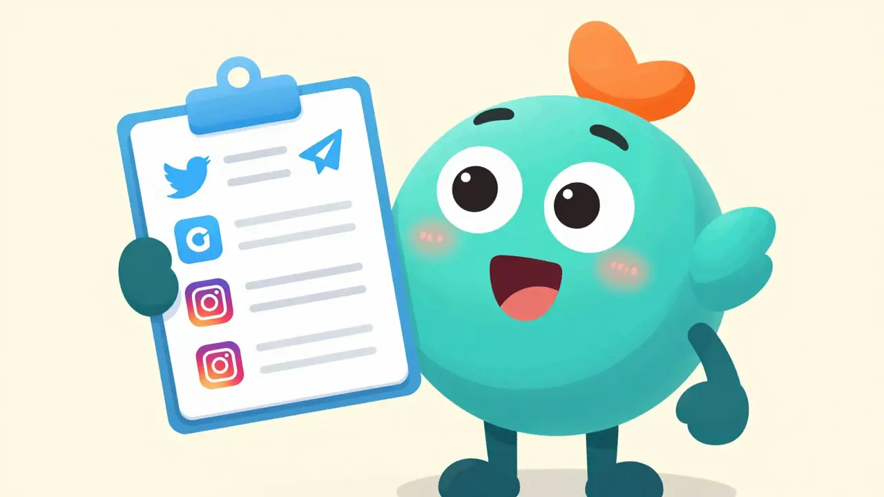 Friendly cartoon mascot holding a checklist of social media task icons.