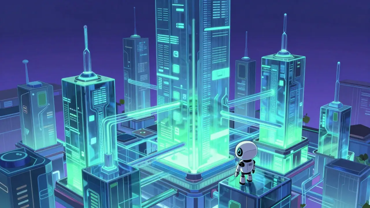 Futuristic city of interconnected transparent blocks representing DeFi
