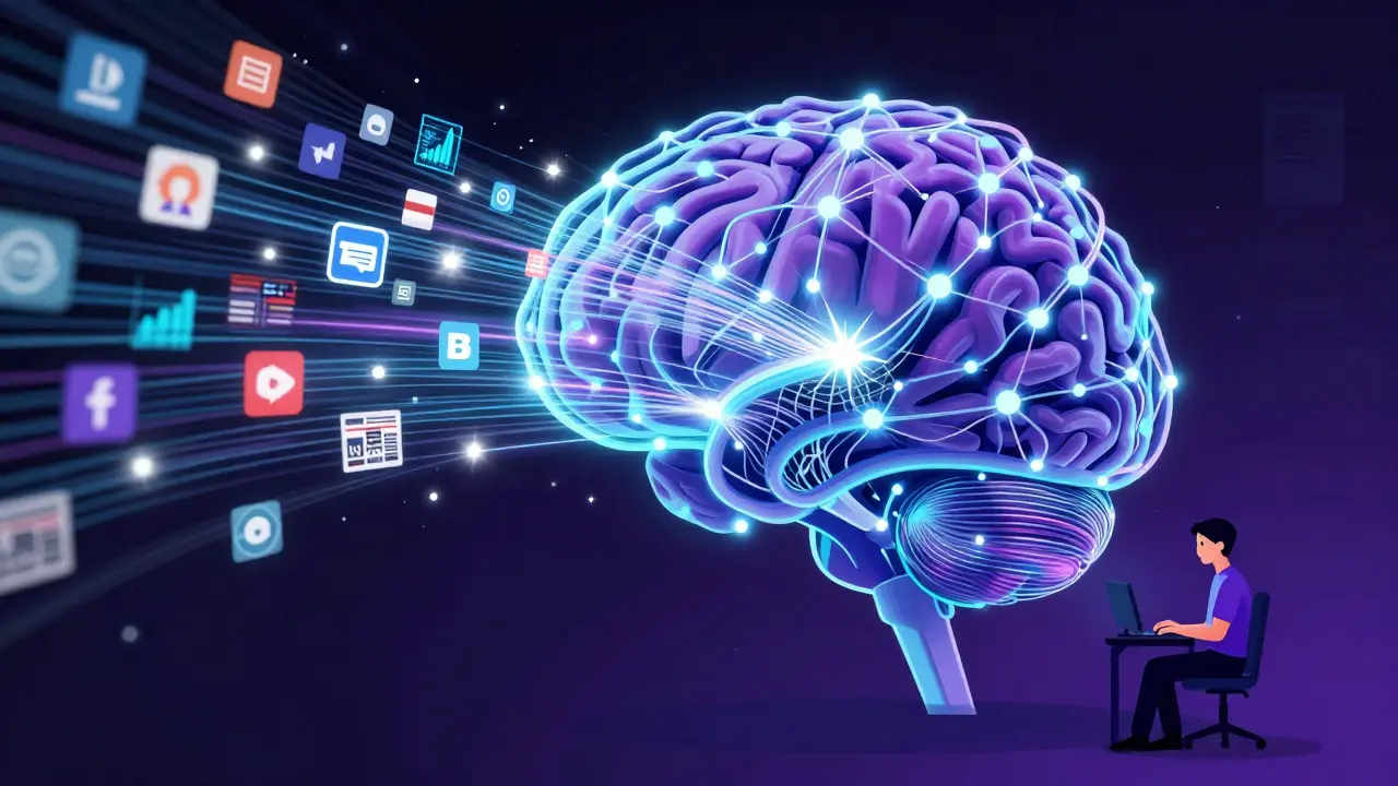 Glowing AI brain processing data streams while a trader watches calmly.