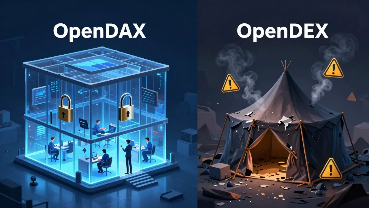 Illustration contrasting legitimate exchange software with a fraudulent scam platform.