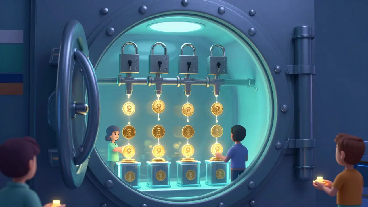 Illustration of a secure vault with timed locks releasing tokens slowly to represent vesting schedules.