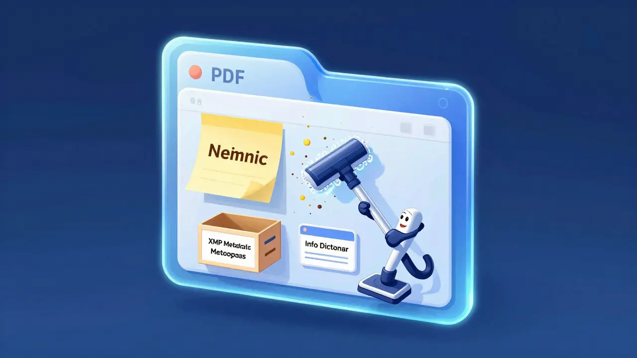 Illustration of a tool removing hidden metadata layers from a digital file.