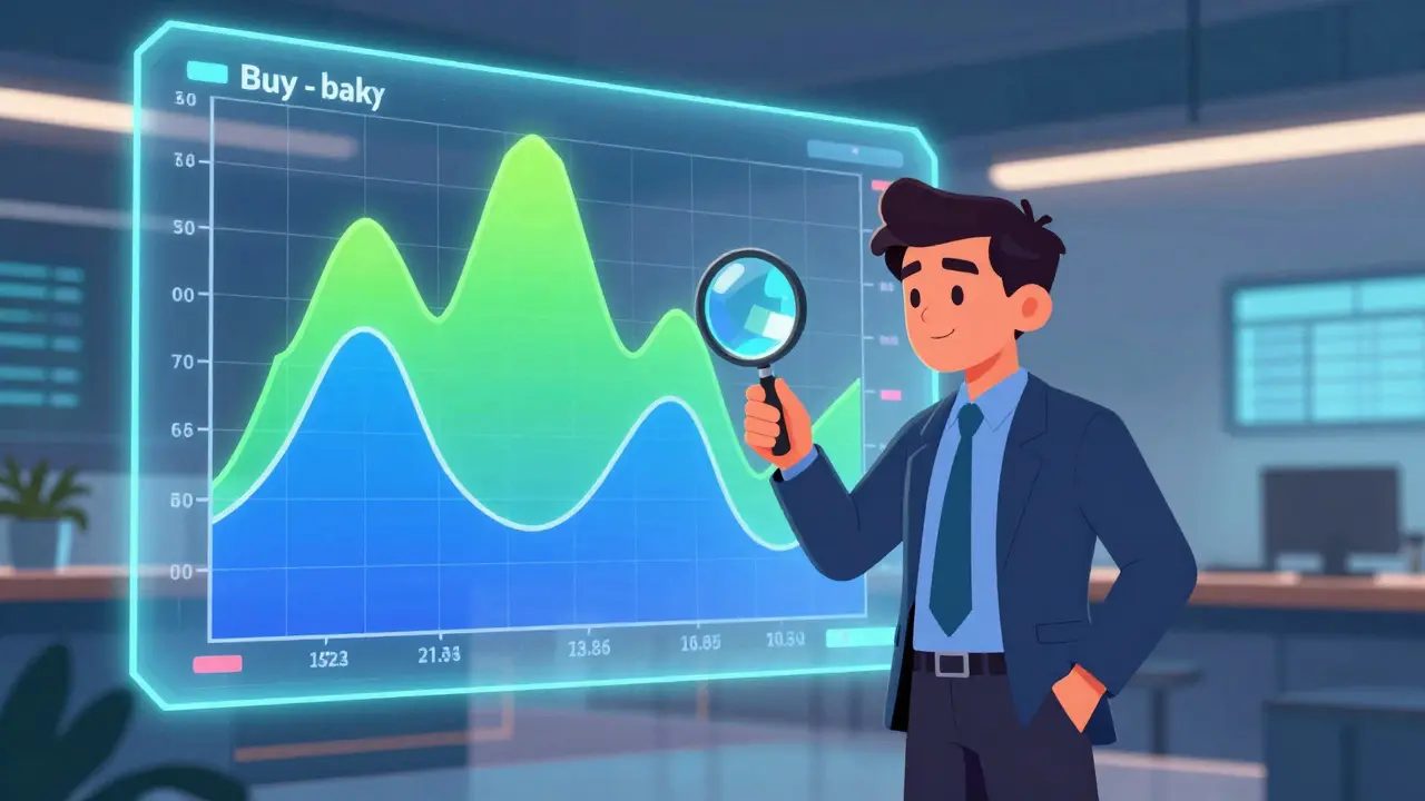Illustration of a trader analyzing a colorful holographic depth chart showing market liquidity levels.