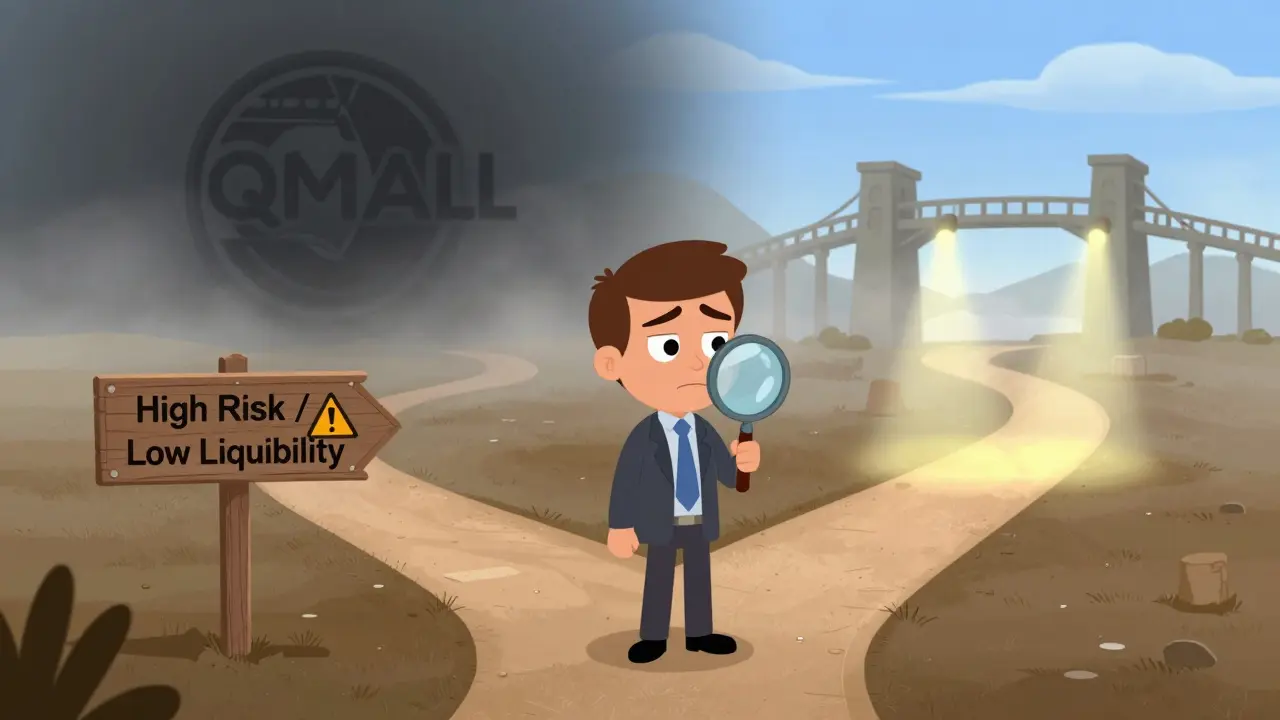 Investor character choosing between risky foggy path and safe bright bridge