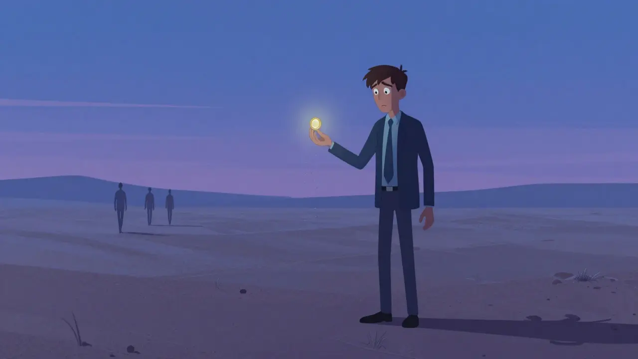 Investor holding a fading token in an empty desert landscape at twilight